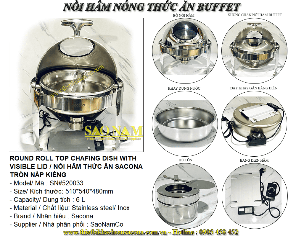 Nồi Hâm Thức Ăn Tròn Buffet Nắp Kiếng